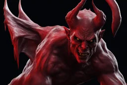 Realistic ghoulish devil leaning forward at an angle facing right, posed as if over a shoulder, red skin, horror style, no other person.