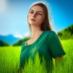 gorgeous young Swiss girl standing in green field, mountain, sun, wearing blue shirt over, open arms, realistic eyes, unreal engine, photograph, realistic skin texture, photorealistic, hyper realism, highly detailed, 85mm portrait photography