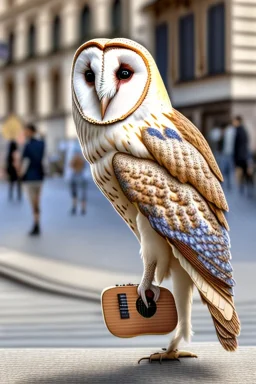 One single mature barn owl, playing guitar in the street , Vienna, friendly, sunny day, model style, hyper realistic, extremely accurate, delicate, extremely detailed, Graphic novel style, wide-angle, open aperture, superfine pencil