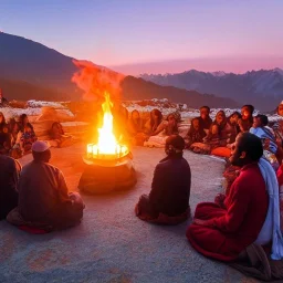 mystical indian guru teaching his group of disciple in adoration in himalaya, atround a fire at sunset