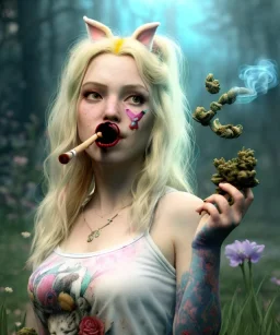 Ultra realistic wonderland photo, happy blonde woman smoking a pipe, blue dress, white rabbit pet, circus dress style, old school tattoo, smoke, marijuana garden, glow eyes, perfect iris, soft color, highly detailed, unreal engine 5, ray tracing, RTX, lumen lighting, ultra detail, volumetric lighting, high definition.