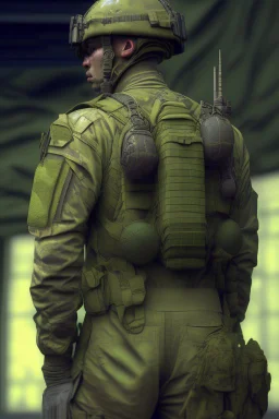 photorealistic back of a soldier, hyperdetailed painting, luminism, Bar lighting, complex, od green miltary, 4k resolution concept art, Artgerm, WLOP, Alphonse Mucha, 3d render, octane render, intricately detailed, cinematic, awesome full color, hand drawn, dark, gritty, cinematic, buckeye burl