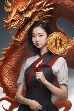 Bitcoin cryptocurrency in the hands of a beautiful chinese girl, dragon