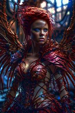 Fairy, crimson fairy wings , twisted rope red hairstyle, armor made of blood, huge girl, hyperdetailed,looking at camera, full body, wide shot, detailed skin, film photography, vintage, perfect body, cinematic lighting, realistic, sharp focus, very detailed, 4K HQ, depth of field, f/1.2, Leica, 8K HDR, High contrast, shadows,