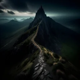 un sentier de montagne sombre vue du ciel dans un monde fantastique