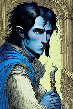 young black haired blue eyed wizard in the style of dore