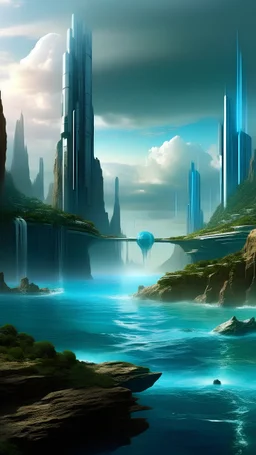 sci fi futuristic city, ocean, waterfalls