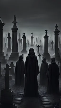 Many figures in black robes stand in the middle of the dark cemetery, gray tones