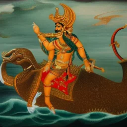 painting of rama riding a whale leading a battle