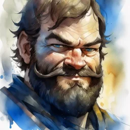 dnd, fantasy, watercolour, large strokes, stylistic, portrait, illustration, dull colours, male, face, sturdy wide face, weathered face, sly, violent, evil, smiling
