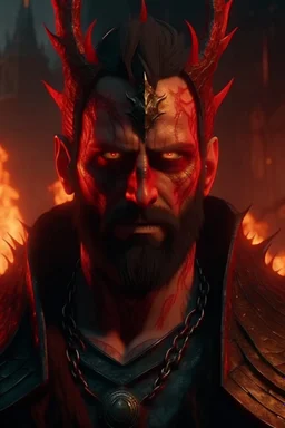 4k full details, full realism, lights maximum, Portrait roi demon conquérant cyberpunk, cheveux noirs, barbe, yeux rouges, porte une couronne en feu, bâtiments union européenne en feu arrière plan