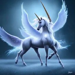 surreal illustration of a unicorn on frozen ground, realistic, surrealism, surreal unicorn with glowing wings, glowing soft and smooth wings, shadow, abstract surreal fantasy art, highly detailed, intricate patterns on wings, soft studio lighting, smooth dark blue background 64k