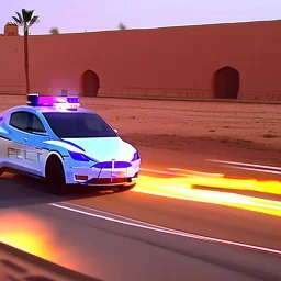 A police Tesla Cybertruck is chasing a Tesla 'Model S Plaid' at top speed, across 'Jemaa el-Fnaa', in Marrakesh. CINEMATIC. WIDE ANGLE LENS.