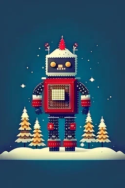 christmas robot in sweater with christmas atmosphere pine trees bitcoin