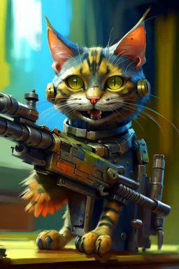 oil painting portrait of smiling robot cat with sniper gun, bokeh , high detail, smooth render, prize winning