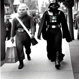 Creepy old photo of star wars Yoda and ewok type people out shopping at old town