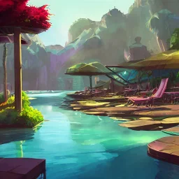 landscape, watercolor, relaxing by poolside, summer, synthwave, cocktails