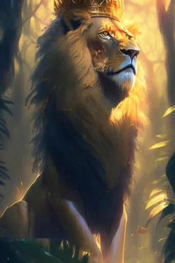 a lion with a crown, Regal, Majestic, Golden lighting, jungle background, Realistic, Detailed, Digital painting, art by alena aenami, Greg Rutkowski, alex konstad, trending on artstation.