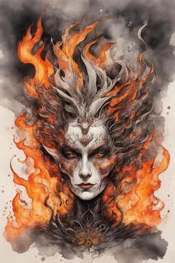 create an abstract ink wash and watercolor caricature portrait of a beautiful, malevolent, ornately dressed , 14th century sorceress engulfed in fire ,highly detailed with refined facial features in the cartoon caricature style of Gerald Scarfe and Ralph Steadman precisely drawn, boldly inked, vividly colored, 4k