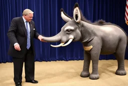 an evil puppetmaster forcing the democratic donkey to fight the republican elephant