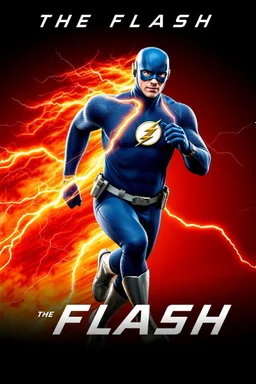 1/4 side view, looking at the viewer, Movie Poster - "THE FLASH" - A massive, thick, extremely muscular, 7'8" tall man, ((skintight, formfitting, textured, long-sleeved, Blue spandex bodysuit:1.5)), ((Silver knee-high boots:1.5)), ((Silver wrist gauntlets, blue fingerless gloves, silver, double holstered utility belt:1.5)), ((skintight, formfitting, textured, blue spandex helmet with blue eye disguise,:1.5)), Running, multicolored lightning emanating from his body,