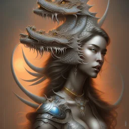 sango fantasy, fantasy magic, intricate, sharp focus, illustration, highly detailed, digital painting, concept art, matte, artgerm and paul lewin and kehinde wiley, masterpiece silver dragon head golden Asian nice breast Afo woman black waves