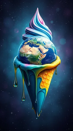art create a 4k image of planet earth in side a multi colours ice cream cone , in the style of Luis Royo, Bosch painting style large droplets of viscous syrupy fluid, around the cone in the stars in the background
