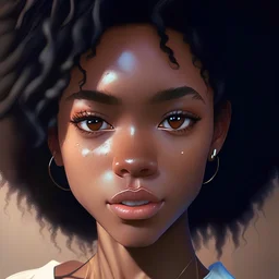 portrait Anime black woman cute-fine-face, pretty face, realistic shaded Perfect face, fine details. realistic shaded lighting by Ilya Kuvshinov Giuseppe Dangelico Pino and Michael Garmash and Rob Rey, IAMAG premiere, WLOP matte print, cute freckles, masterpiece