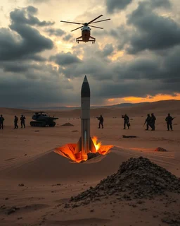 A nuclear rocket buried half way in the desert sands , the army is surrounding the area a military helicopters is hovering above the scene, cloudy gloomy back ground in sunset time
