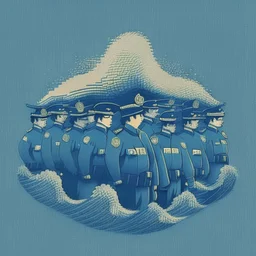 A minimalist design of a hoard of policemen in uniform with a badge on his chest in the style of Hokusai's The Great Wave off Kanagawa