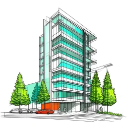 Dibujo arquitectónico de un edificio de cinco pisos, moderno, diseñado aplicando la proporción, estilo minimalista futurista, calidad ultra, gente, árboles, colores complementarios