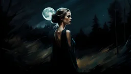 muscular stunning tall russian woman 30yo with bob hair at night under a full moon by a woods :: dark mysterious esoteric atmosphere :: digital matt painting with rough paint strokes by Jeremy Mann + Carne Griffiths + Leonid Afremov, black canvas, dramatic shading