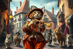 create "The Cat Pied Piper of Hamelin, whimsical and colorful Renaissance attire, playing a golden flute, leading playful and mischievous cats through vibrant, cobbled Renaissance streets, people on balconies laughing and pointing, surreal lighting, dreamlike vibe, highly detailed, vivid colors, painterly style, 8K, magical realism meets historical fiction --v 7 --ar 4:3 --style raw --q 2"
