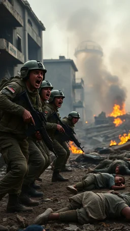 Army solders screaming in a smoke and fires war environment destroyed buildings in the background and dead children on the ground