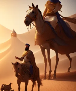 An ancient Arab poet next to a mare in the desert in front of a tent , full body, cinematic, 8k, resolution concept art portrait by Greg Rutkowski, Artgerm, WLOP, Alphonse Mucha dynamic lighting hyperdetailed intricately detailed