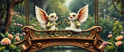 sacred geometry embroidered patterns, two totally symmetric fluffy angel gremlin slug nice cheerleader singing on ornate carved bridge in garden , full body portrait T-pose strong aura, oil painting and air brush, in swing