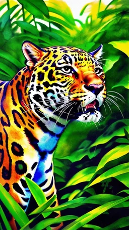 Jaguar en la selva arte acuarela colores contrastantes calidad ultra hiperdetallado maximalista 16k full body