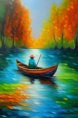 Acryliccolor lake background with man in boat fishing