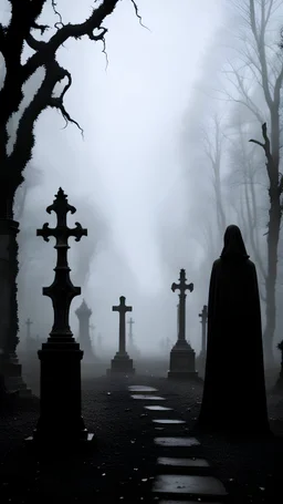 Scary silhouette in black mantle in fog with cane stands in the middle of an ominous cemetery
