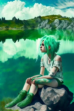 woman sitting on a rock, in a lake, green mottled skin, green hair, blue sky, wite clouds