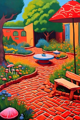 painting of a psychadelic colourful natural courtyard with brick road and grass, flowers and trees, mushrooms, round coffee table with shade and umbrella by van gogh and andy warhol infusion. plants are alive like living beings with arms and legs. terracotta style