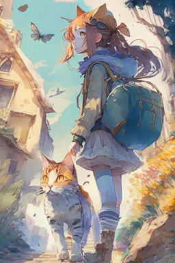 a girl and cat on a adventure, 4k, full detail, high resolution, digitalart, anime, watercolor