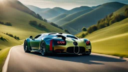 Cross between bugatti Veyron and a bmw, rear view, on a road of green hills in morning