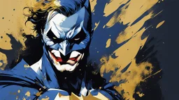 poster in two gradually, a one side half face Batman darkblue tones and other side half face Joker gold tones, painting by Yoji Shinkawa,