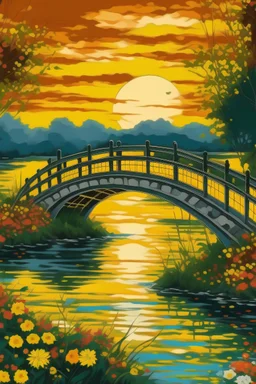 fazer uma obra artística do impressionismo com uma ponte japonesa em cima de um rio com flores e girassóis no por do sol