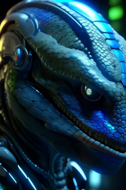 close-up portrait of a lizard with cybernetic enhancements, wearing a futuristic neural interface helmet, glowing LED implants on face, cyberpunk aesthetics, highly detailed, cinematic lighting, soft shadows, emotional expression, realistic textures, 8k, HDR