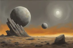 Grey sky with one planet in the horizon, rocks, sci-fi, rocky arid land, 2000's sci-fi movies influence, rodolphe wytsman and friedrich eckenfelder impressionism paintings