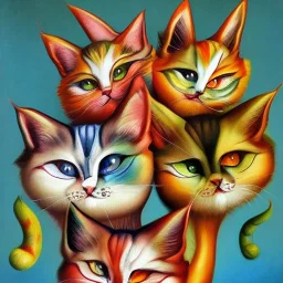 prompt, Fantasy harlequin cats by Louis Wain, by Catherine Abel, by Gediminas Pranckevicius, fantasy, oil on canvas, beautiful, high details, ultra detailed, crisp quality, colourful, high definition