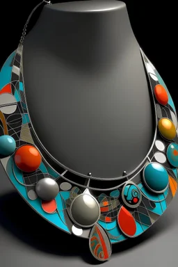 Generate a jewellery necklace design which has abstract design but has retro motifs taking inspiration from the surroundings which is actually wearable