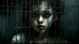 Scary young girl in a cage, post-apocalypse, dark style, Luis Royo & Raymond Swanland & Alyssa Monks